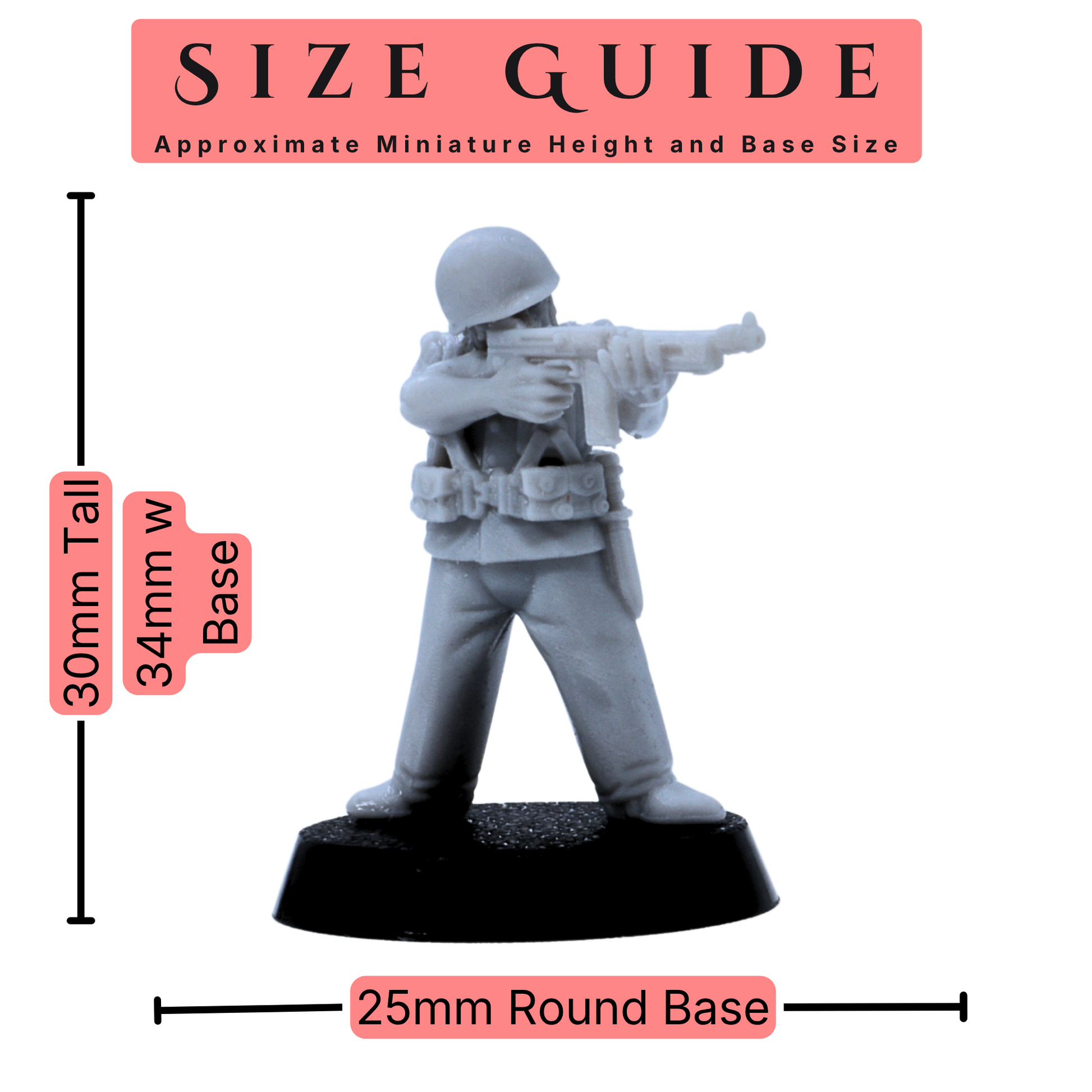 Alt: USMC Infantry miniature size guide showing approximately 30mm height and 25mm round base