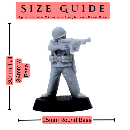 Alt: USMC Infantry miniature size guide showing approximately 30mm height and 25mm round base