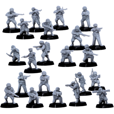 Alt: 22 USMC Infantry miniatures arranged as a WWII American combat unit