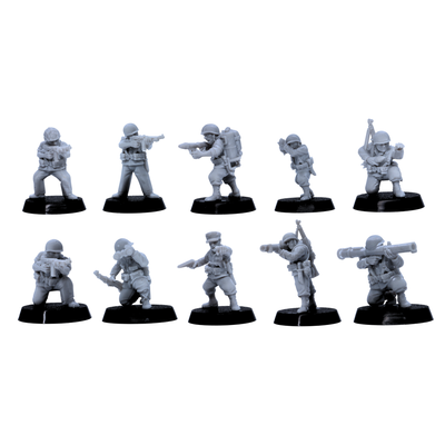 Alt: USMC support weapon miniatures including specialist and launcher poses