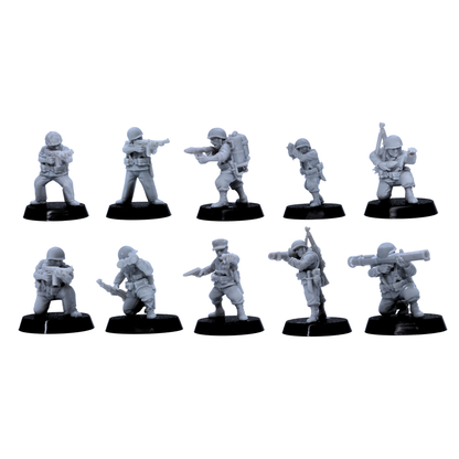 Alt: USMC support weapon miniatures including specialist and launcher poses