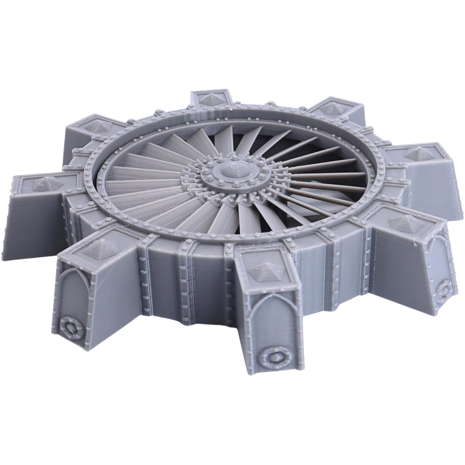 Angled view of a 28mm Vent Shaft terrain piece with large central fan, riveted framing, and projecting machinery housings.