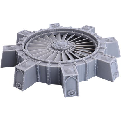 Angled view of a 28mm Vent Shaft terrain piece with large central fan, riveted framing, and projecting machinery housings.