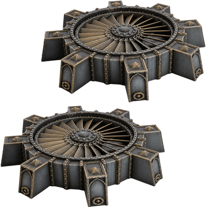 Painted pair of 28mm Vent Shaft terrain pieces by Printable Scenery with large turbine fans, riveted metal housings, and industrial detailing.