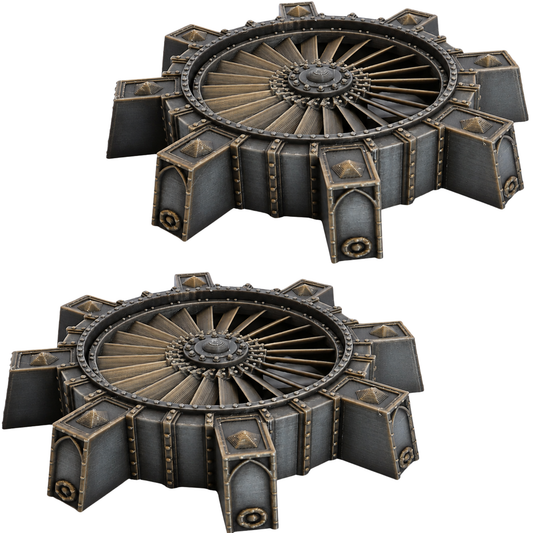 Painted pair of 28mm Vent Shaft terrain pieces by Printable Scenery with large turbine fans, riveted metal housings, and industrial detailing.