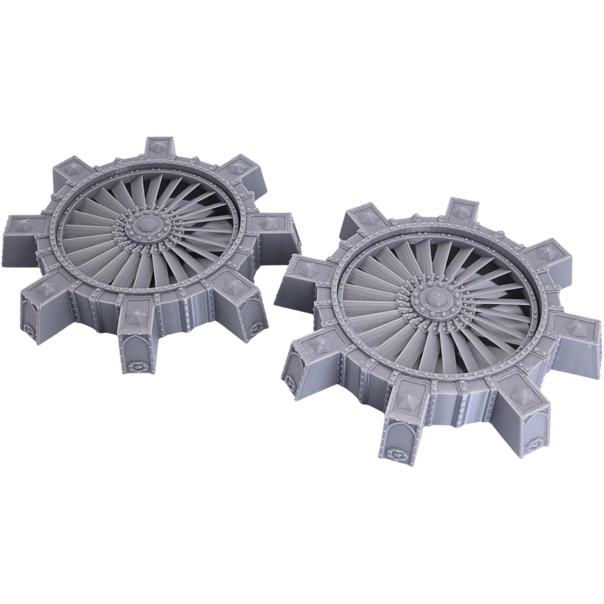 Two Printable Scenery Vent Shaft terrain pieces shown together with radial fan blades and sci-fi industrial housings.