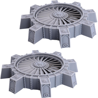 Unpainted set of two 28mm industrial Vent Shafts showing circular turbine fans and reinforced outer structures.