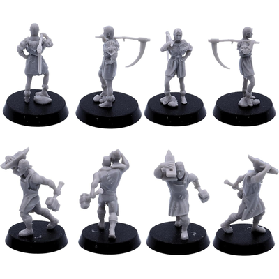 Additional farm and village worker miniatures shown from several angles with tools and equipment.
