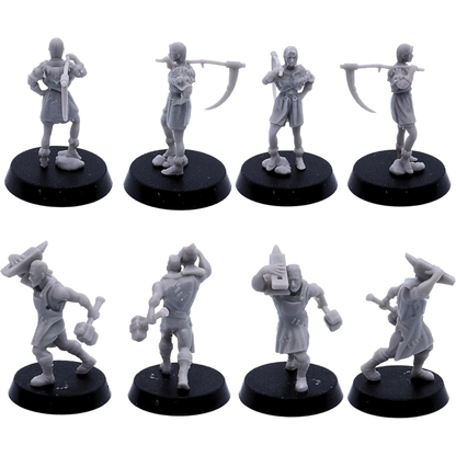 Additional farm and village worker miniatures shown from several angles with tools and equipment.