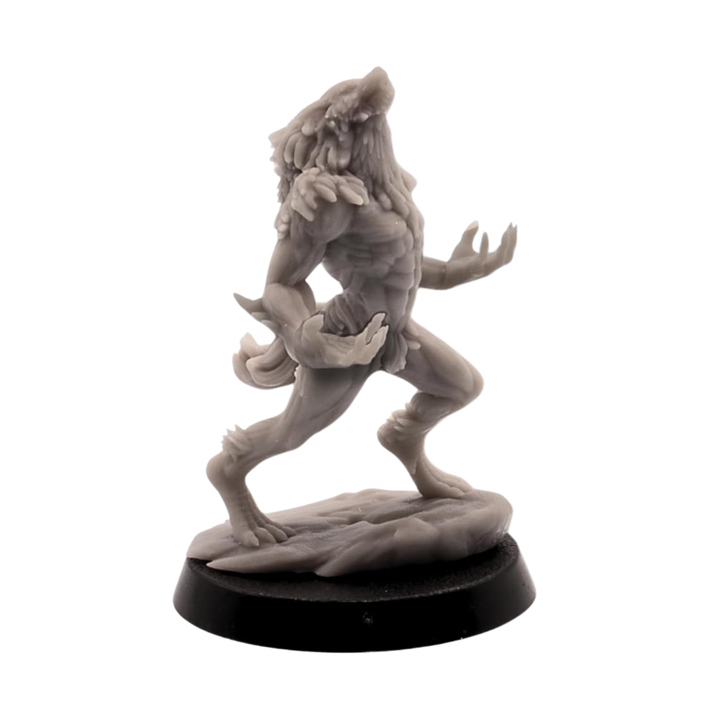 Unpainted howling Werewolf Brute miniature with muscular anatomy, large claws, thick fur, wolf head, and scenic ground details.