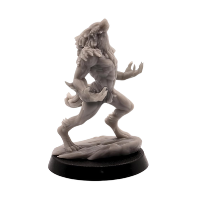 Unpainted howling Werewolf Brute miniature with muscular anatomy, large claws, thick fur, wolf head, and scenic ground details.