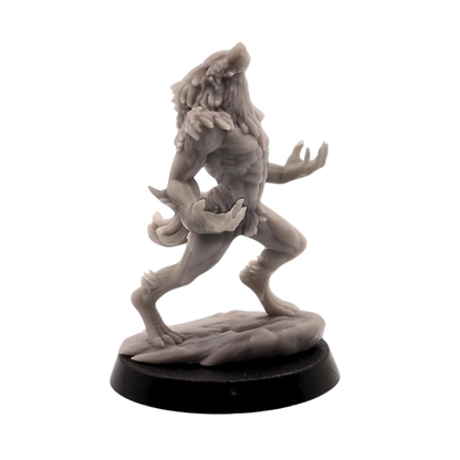 Unpainted howling Werewolf Brute miniature with muscular anatomy, large claws, thick fur, wolf head, and scenic ground details.