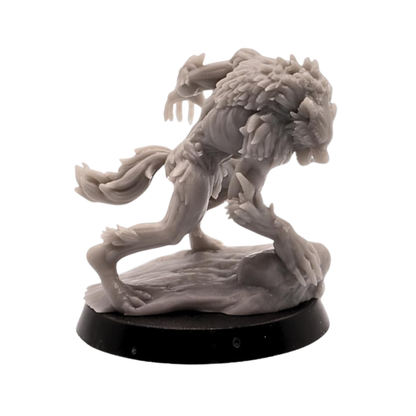 Unpainted stalking Werewolf Brute miniature by Epic Miniatures with hunched pose, long claws, layered fur, muscular limbs, and wolf-like features.