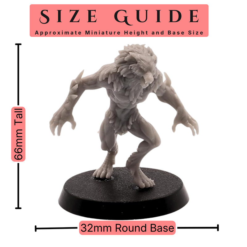 Werewolf Brute size guide showing an approximately 66mm tall miniature supplied on a 32mm round base.