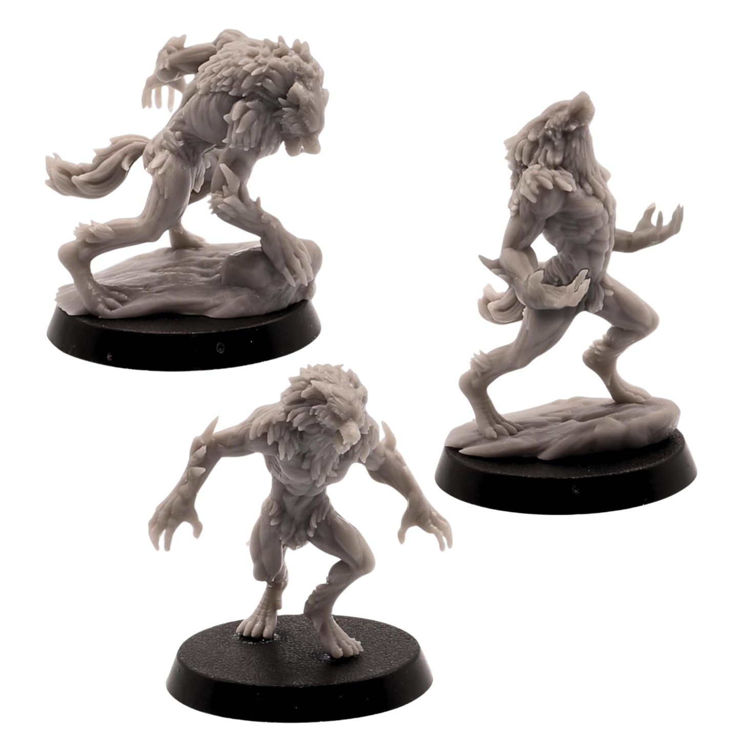 Unpainted Werewolf Brutes set of three by Epic Miniatures showing stalking, howling, and aggressive lycanthrope poses.