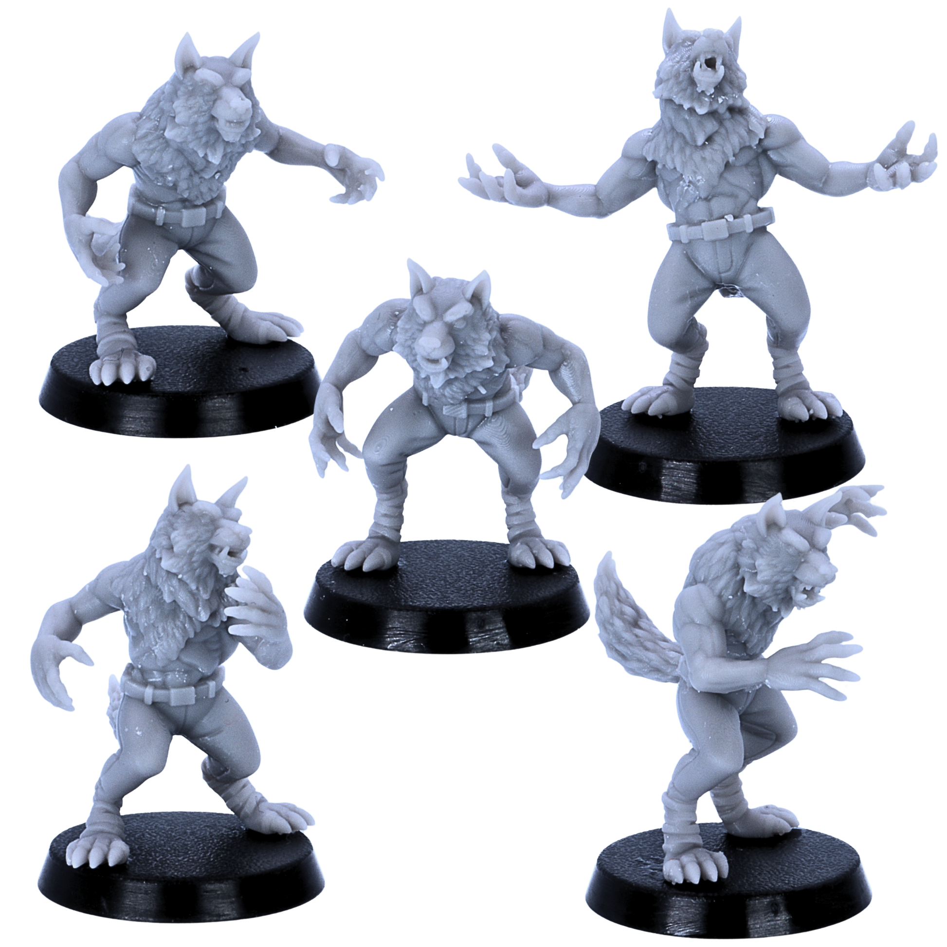 Alt Text: Five 32mm scale Werewolf Soldiers shown in varied aggressive poses.