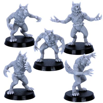 Alt Text: Five 32mm scale Werewolf Soldiers shown in varied aggressive poses.