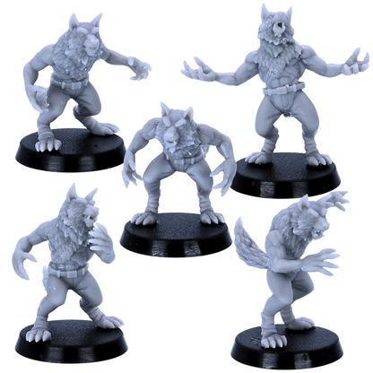 Alt Text: Five 32mm scale Werewolf Soldiers shown in varied aggressive poses.