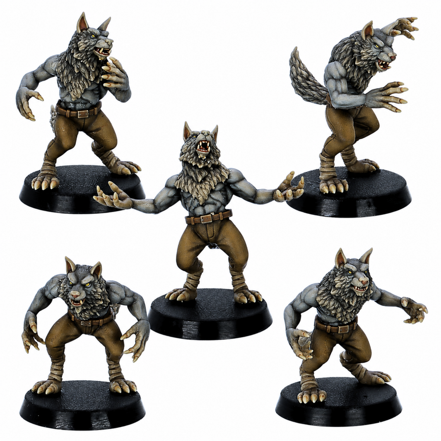 Alt Text: Painted set of five Werewolf Soldiers miniatures by Kyoushuneko Miniatures.