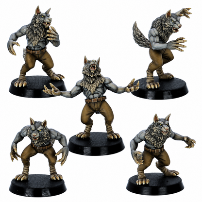 Alt Text: Painted set of five Werewolf Soldiers miniatures by Kyoushuneko Miniatures.