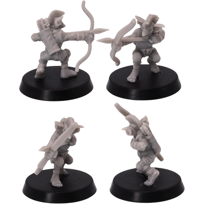 Unpainted Wicked Goblin archer shown from multiple angles aiming a bow with quiver, arrows, light armour, and fantasy equipment.