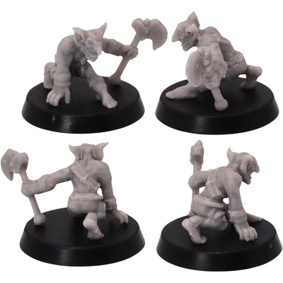 Unpainted crouching Wicked Goblin warrior shown from multiple angles carrying an axe and round shield on a 25mm round base.