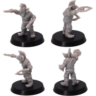 Unpainted Wicked Goblin warrior shown from multiple angles carrying large blades and wearing simple fantasy clothing and equipment.