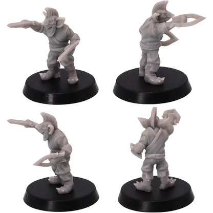 Unpainted Wicked Goblin warrior shown from multiple angles carrying large blades and wearing simple fantasy clothing and equipment.