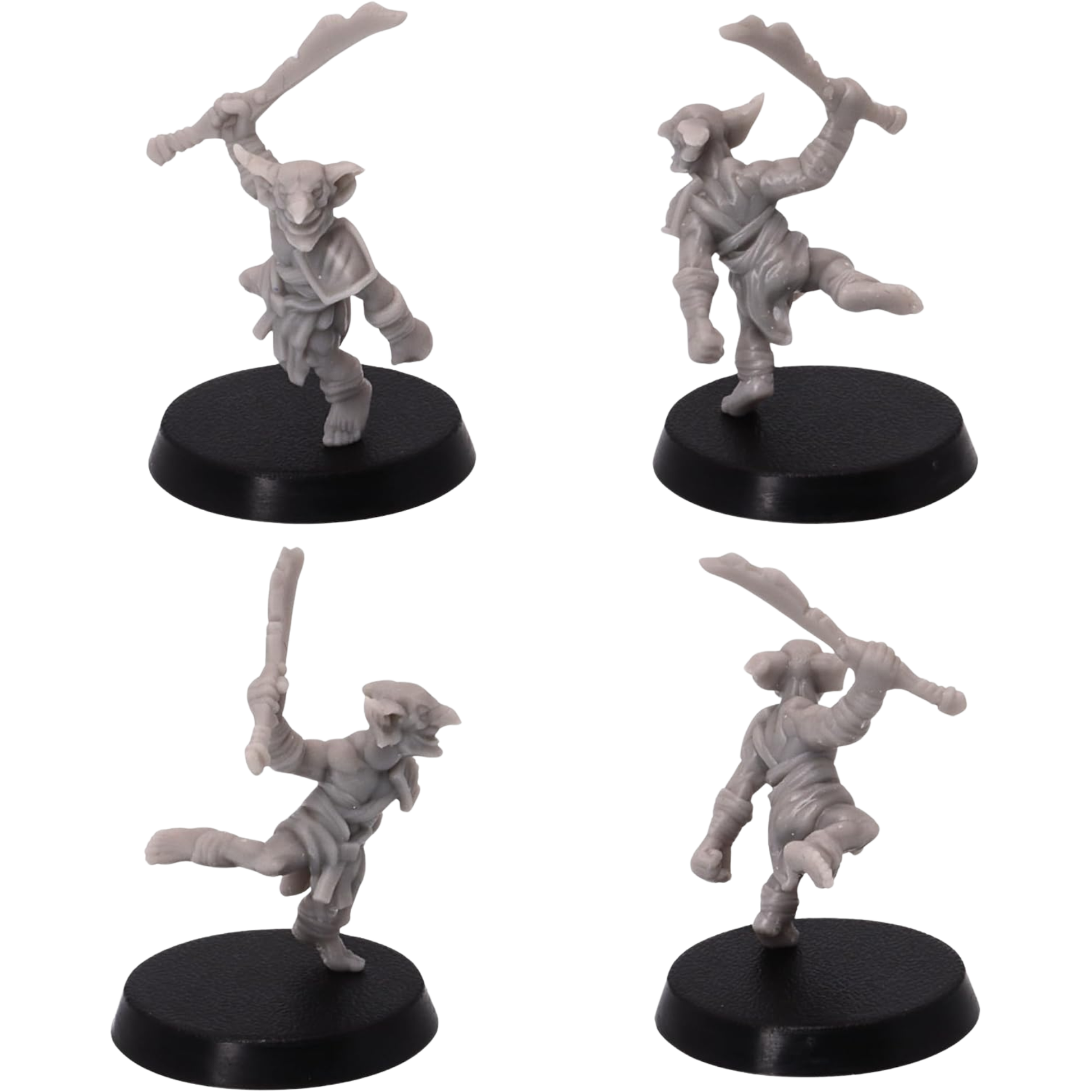 Unpainted charging Wicked Goblin miniature shown from multiple angles with raised blade, dynamic running pose, and scavenged adventuring gear.