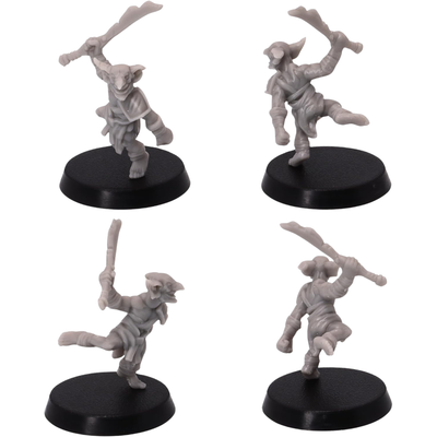 Unpainted charging Wicked Goblin miniature shown from multiple angles with raised blade, dynamic running pose, and scavenged adventuring gear.