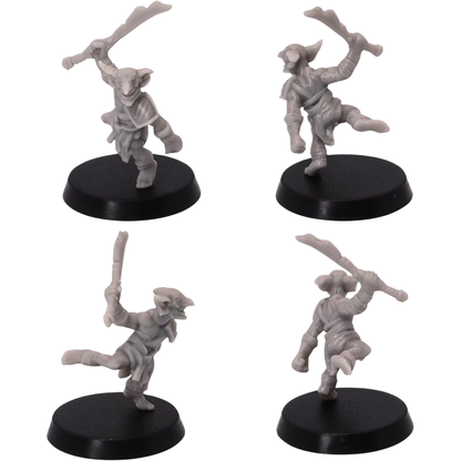 Unpainted charging Wicked Goblin miniature shown from multiple angles with raised blade, dynamic running pose, and scavenged adventuring gear.
