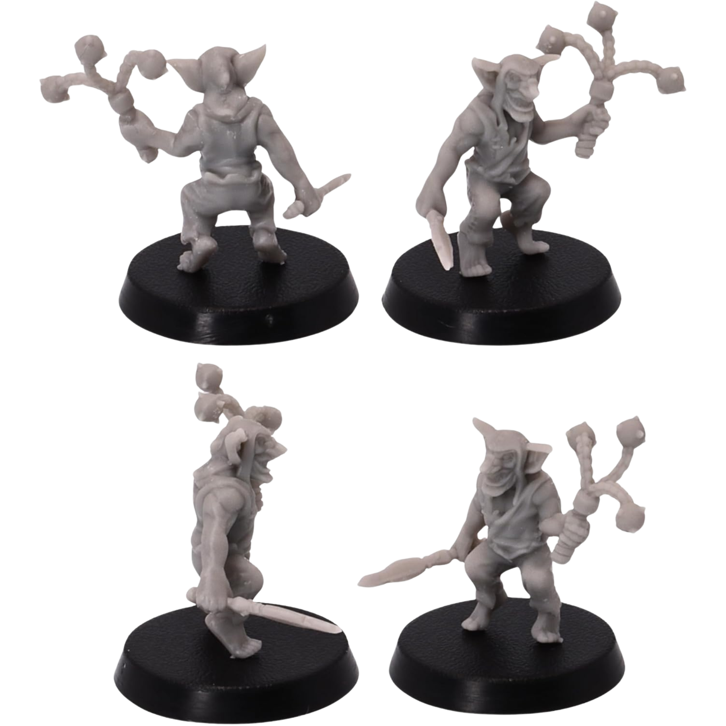 Unpainted Wicked Goblin fighter shown from several angles wielding a multi-headed flail and blade with light fantasy equipment.