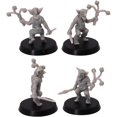 Unpainted Wicked Goblin fighter shown from several angles wielding a multi-headed flail and blade with light fantasy equipment.