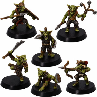 Painted Wicked Goblins set of 6 by Epic Miniatures showing fantasy goblin warriors armed with spears, shields, axes, bows, blades, and improvised weapons.