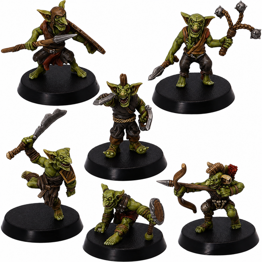 Painted Wicked Goblins set of 6 by Epic Miniatures showing fantasy goblin warriors armed with spears, shields, axes, bows, blades, and improvised weapons.