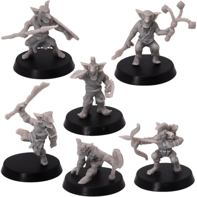 Unpainted Wicked Goblins set of six by Epic Miniatures showing varied goblin warrior poses with melee weapons, shields, bow, and ranged equipment.