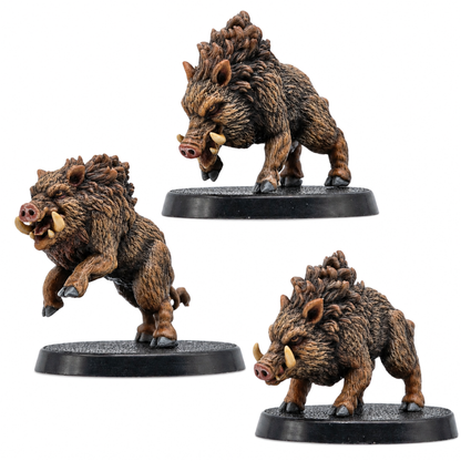 Painted example of three Wild Boar fantasy tabletop miniatures by Forged Path Miniatures on 40mm round bases.