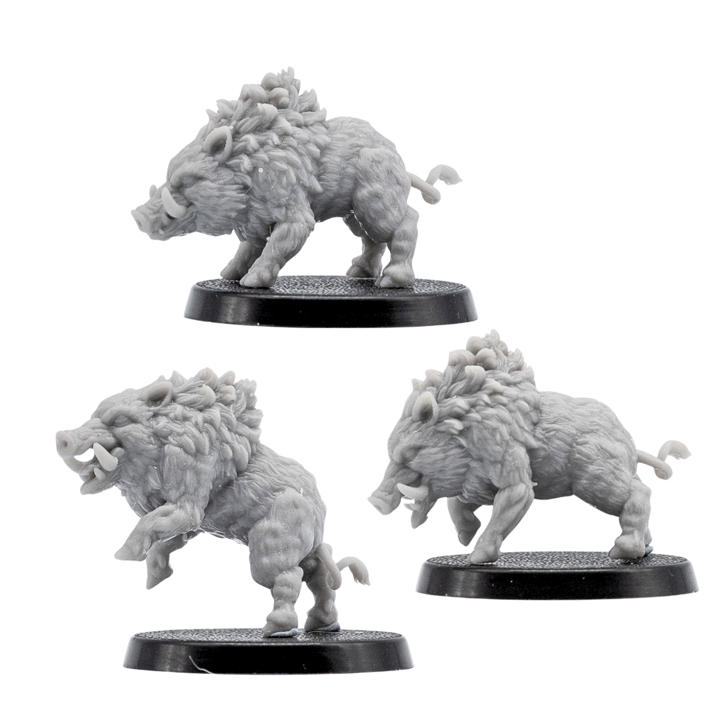 Side views of three unpainted Wild Boar fantasy miniatures with charging poses, tusks, textured fur, and 40mm round bases.