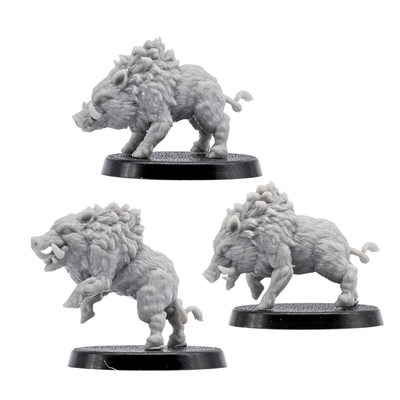 Side views of three unpainted Wild Boar fantasy miniatures with charging poses, tusks, textured fur, and 40mm round bases.