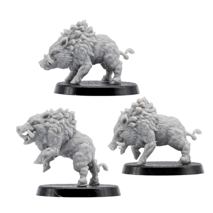 Side views of three unpainted Wild Boar fantasy miniatures with charging poses, tusks, textured fur, and 40mm round bases.