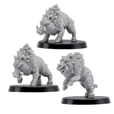 Unpainted Wild Boar miniature set by Forged Path Miniatures showing three resin boar sculpts on 40mm round bases.
