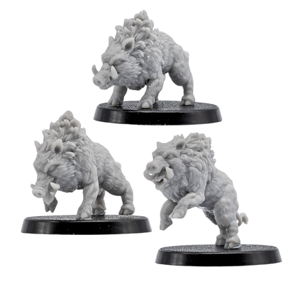 Unpainted Wild Boar miniature set by Forged Path Miniatures showing three resin boar sculpts on 40mm round bases.