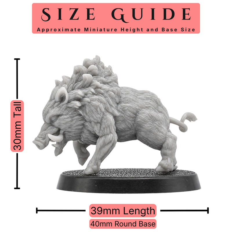 Size guide for a 32mm scale Wild Boar miniature showing 30mm height, 39mm length, and 40mm round base.