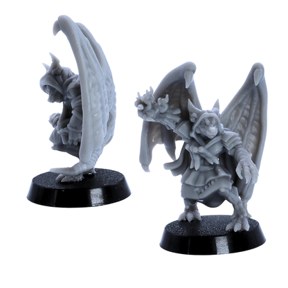 Unpainted armoured Winged Kobold miniature shown from multiple angles with large wings, cloak, clawed feet, and fantasy armour.