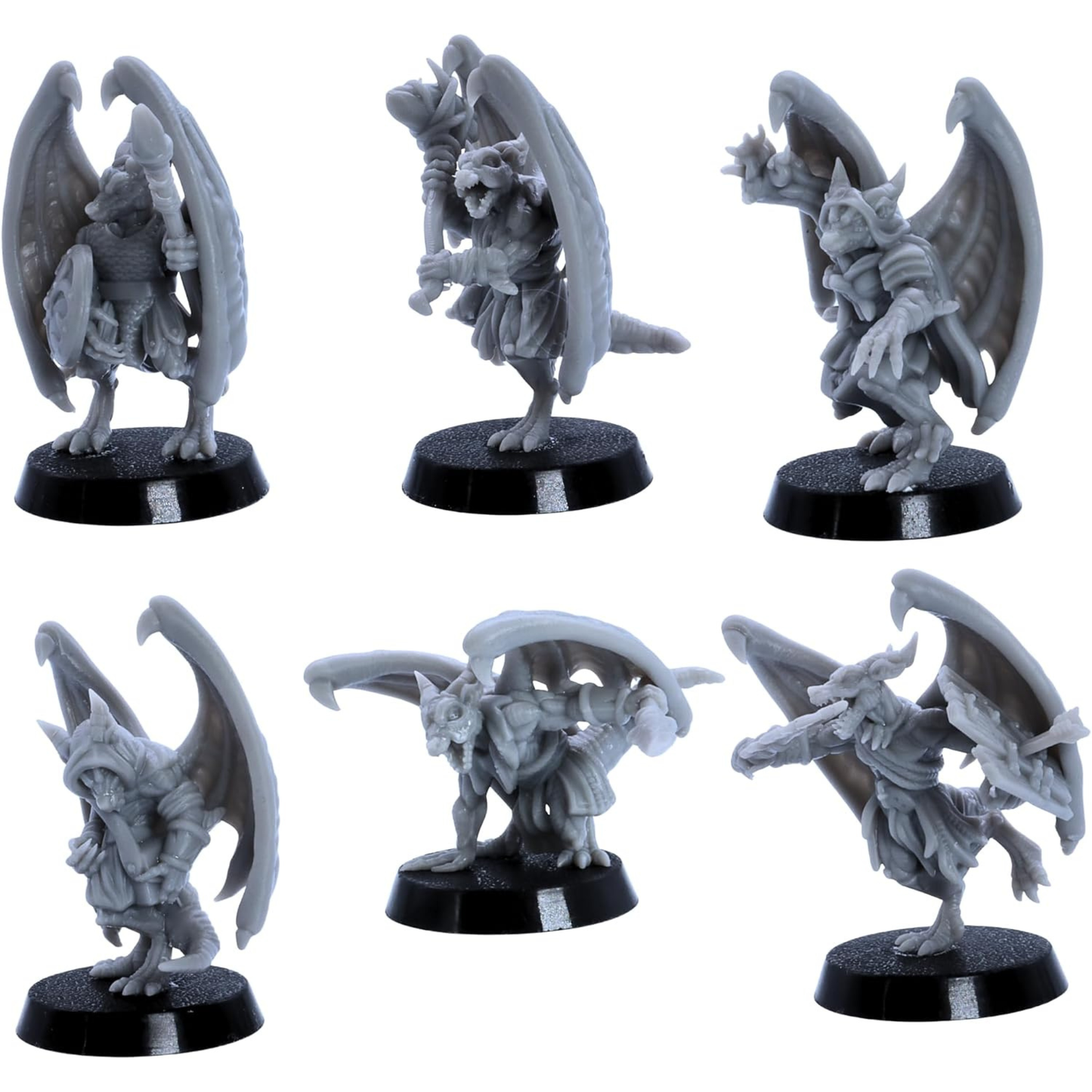 Unpainted Winged Kobold warriors in varied combat poses with spear, shield, club, ranged weapon, and crouched attack stances.