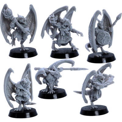 Unpainted Winged Kobold miniatures showing front and three-quarter views with wings, armour, shields, spears, clubs, and fantasy equipment.