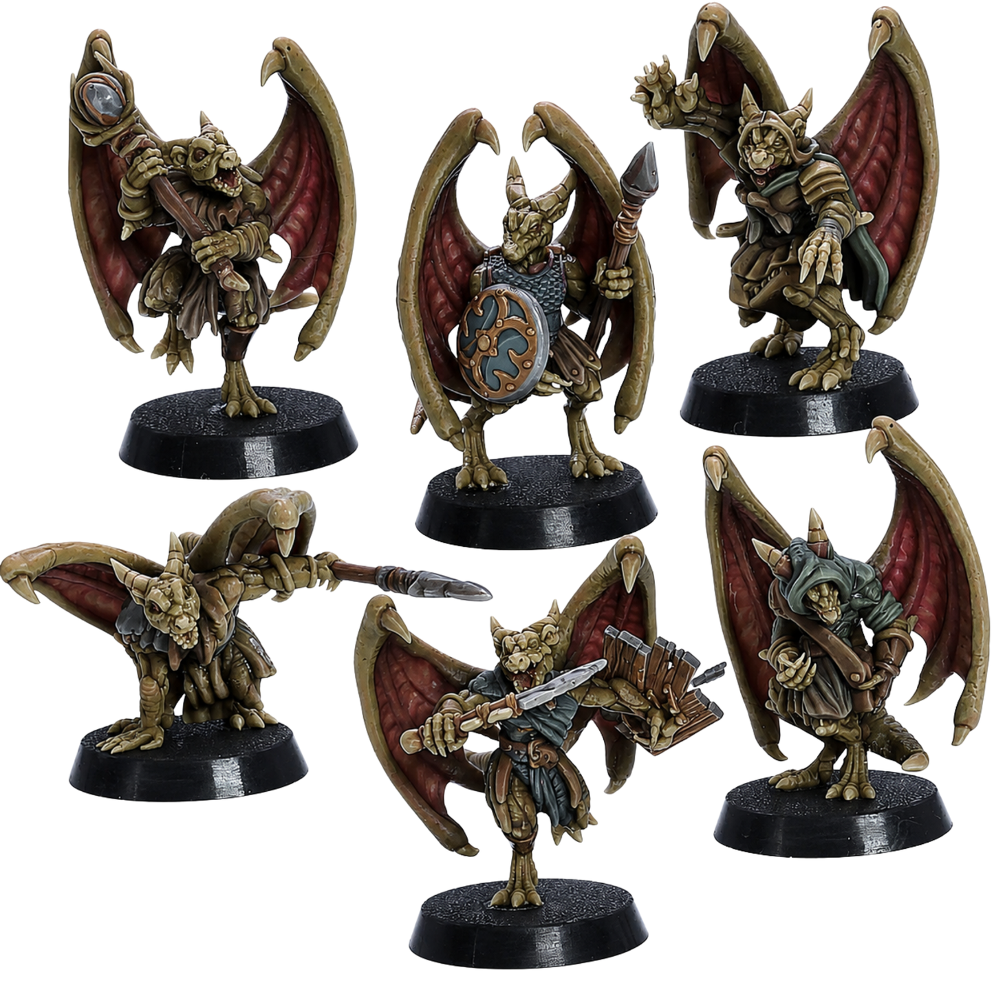 Painted Winged Kobolds set of 6 by Epic Miniatures showing fantasy flying kobold warriors with leathery wings, spears, shields, clubs, and ranged weapons.