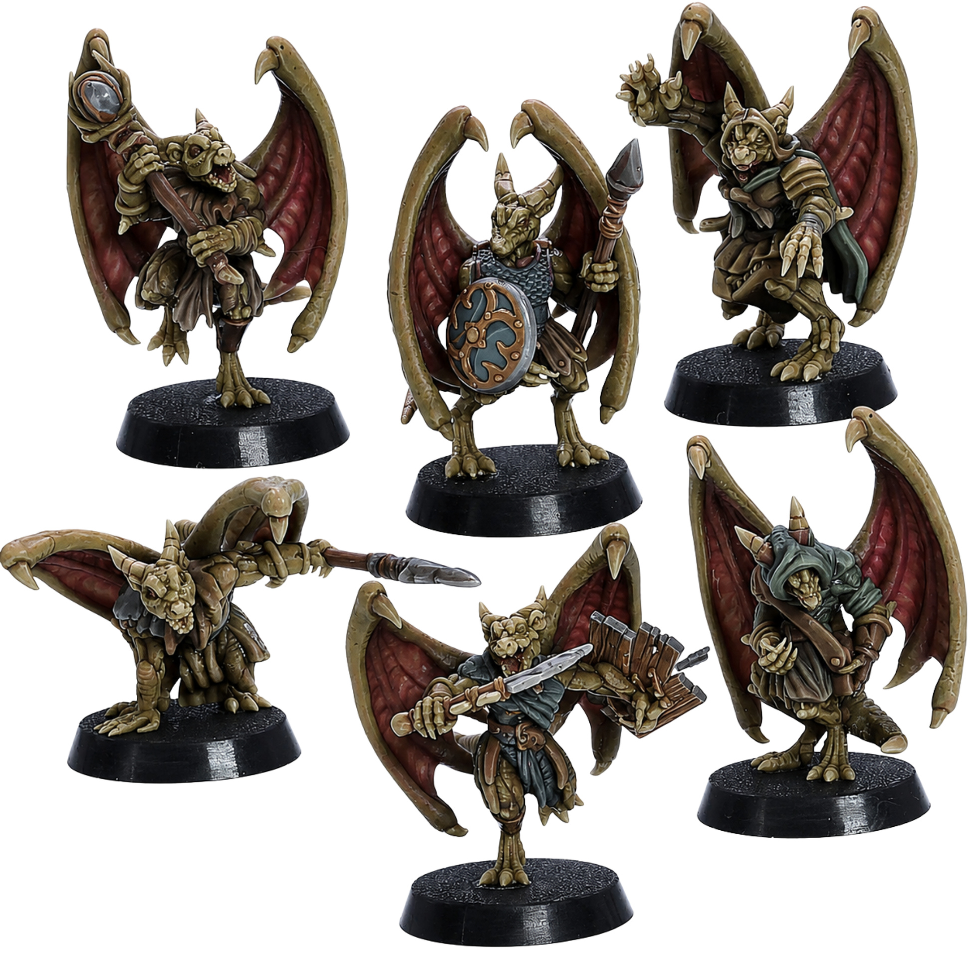 Painted Winged Kobolds set of 6 by Epic Miniatures showing fantasy flying kobold warriors with leathery wings, spears, shields, clubs, and ranged weapons.