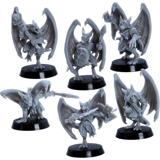 Unpainted Winged Kobolds set of six by Epic Miniatures showing varied flying kobold warriors on 25mm round bases.