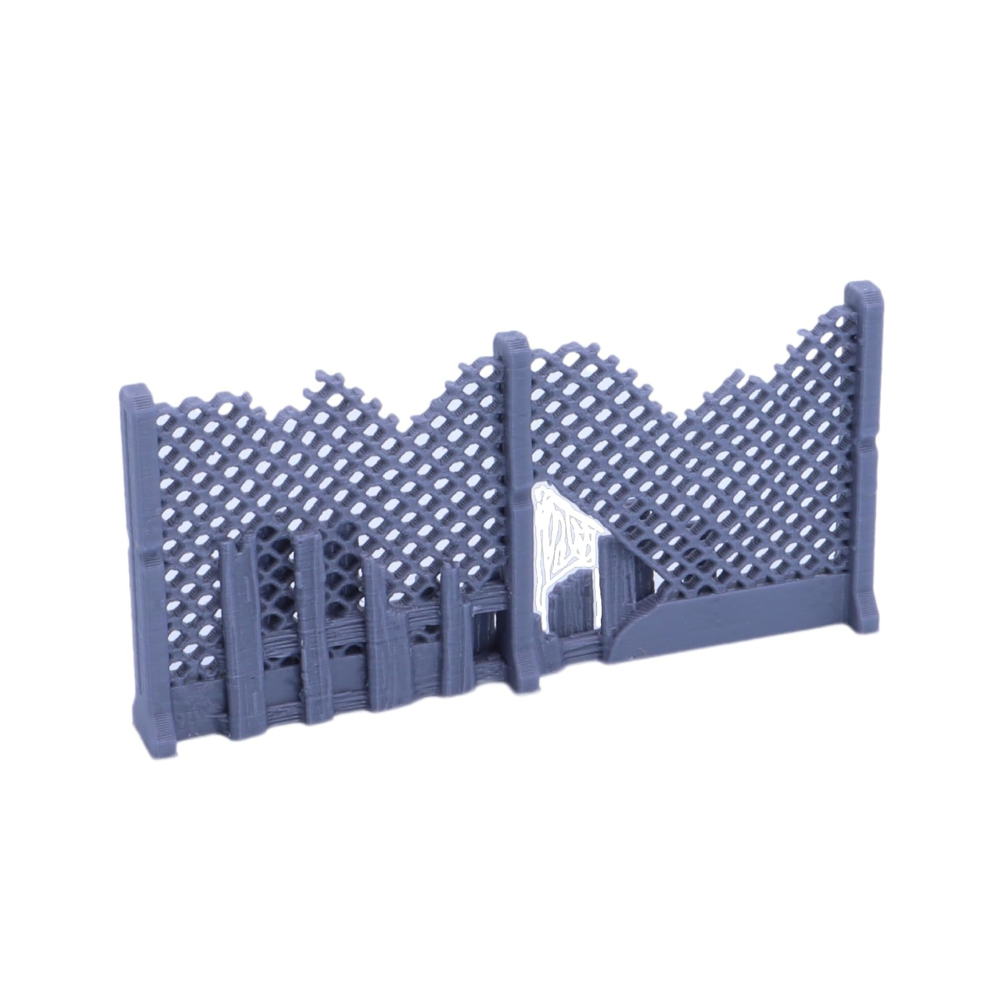 Broken wire fence section repaired with wooden planks and makeshift barricade details